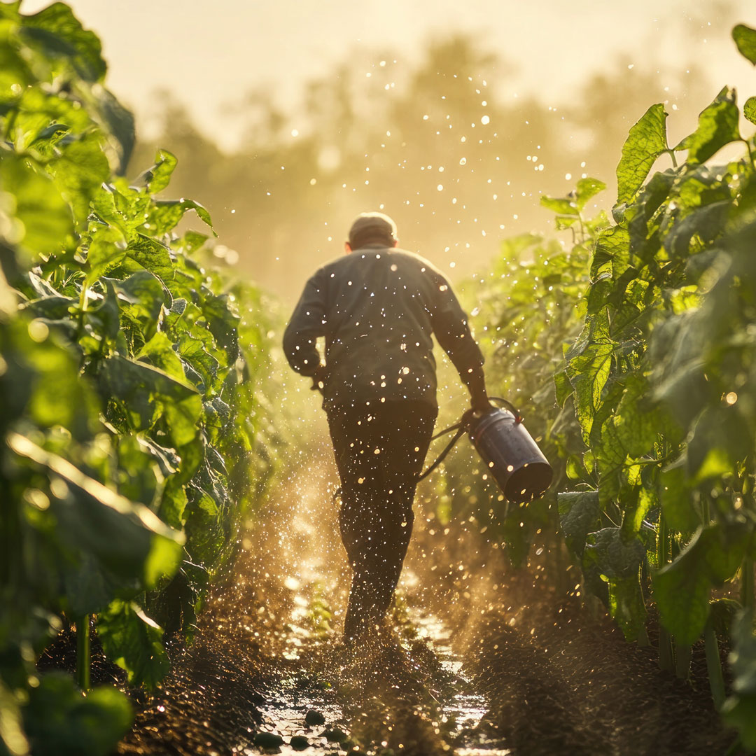 Agricoltore al lavoro nei campi esposto al rischio di avvelenamento da pesticidi agricoli